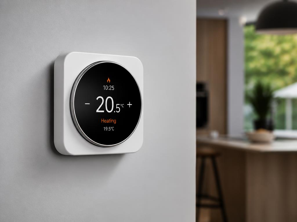 A modern wall-mounted smart thermostat with a circular digital display showing heating temperature